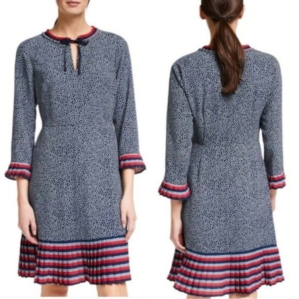 Boden Navy Speckle Print Dress with Red-Trimmed Striped Hem